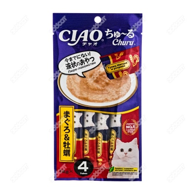 INABA Ciao Churu пюре из тунца магуро и устриц для кошек, 4 шт. по 14 г.