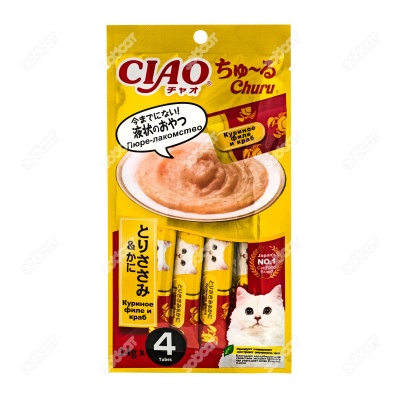 INABA Ciao Churu пюре из курицы и краба для кошек, 4 шт. по 14 г.
