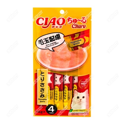 INABA Ciao Churu пюре из курицы для кошек (для вывода шерсти из ЖКТ), 4 шт. по 14 г.